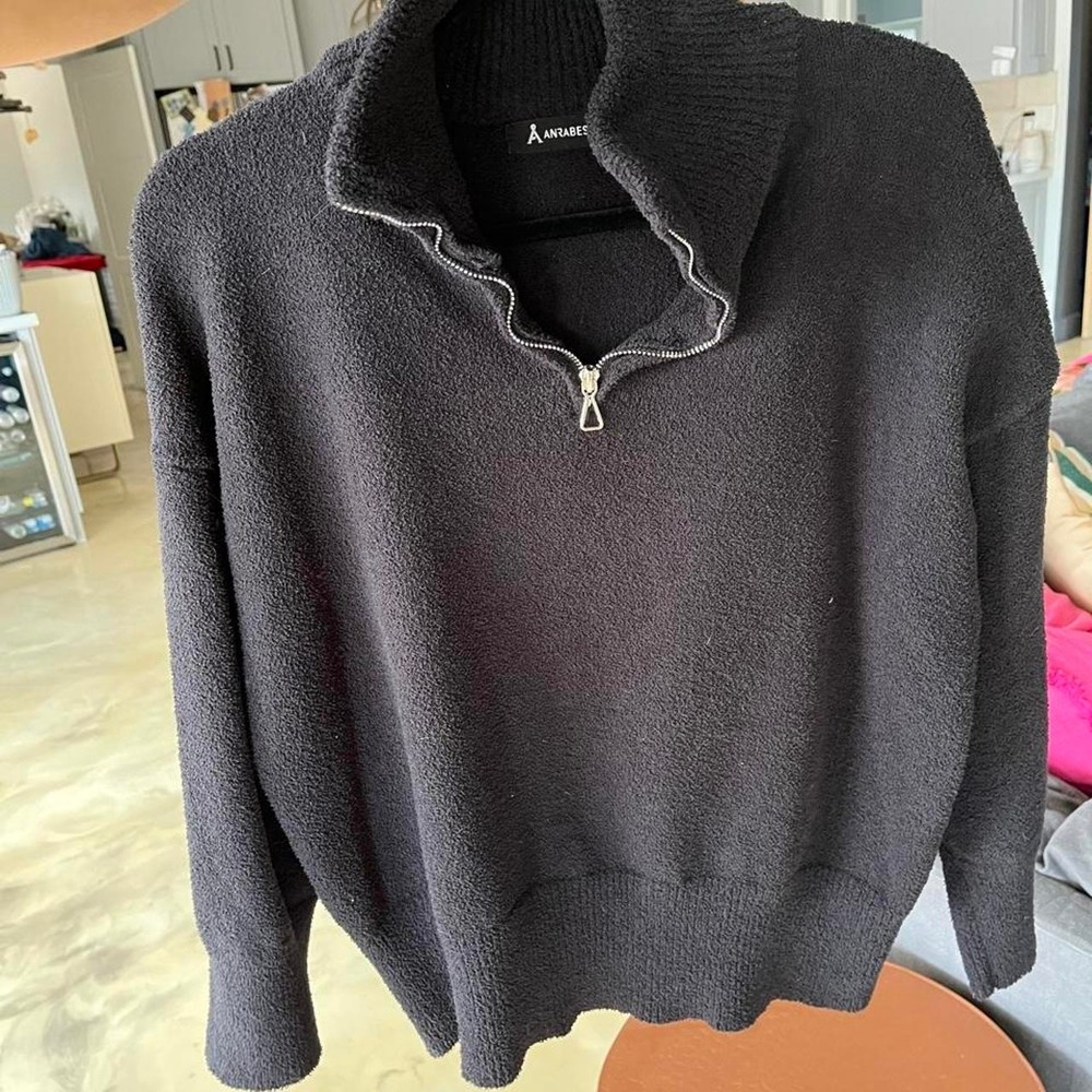 Anrabess Black Quarter Zip Terry Cozy Sweater Size S